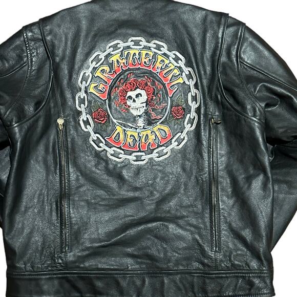 Grateful Dead 2012 Black Leather Biker Jacket Mens 44 Embroidered Back & Sleeve - Picture 1 of 16